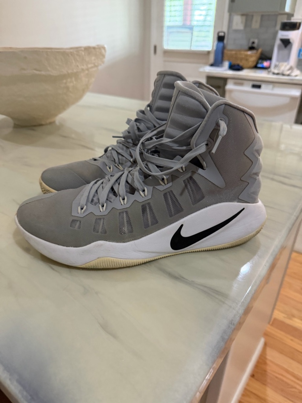 Nike Men's Gray and White High-Top Basketball Shoes with Black Swoosh